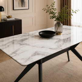 MESA DE COMEDOR KIKE DE PORCELANATO BLANCO CON METAL NEGRO 2