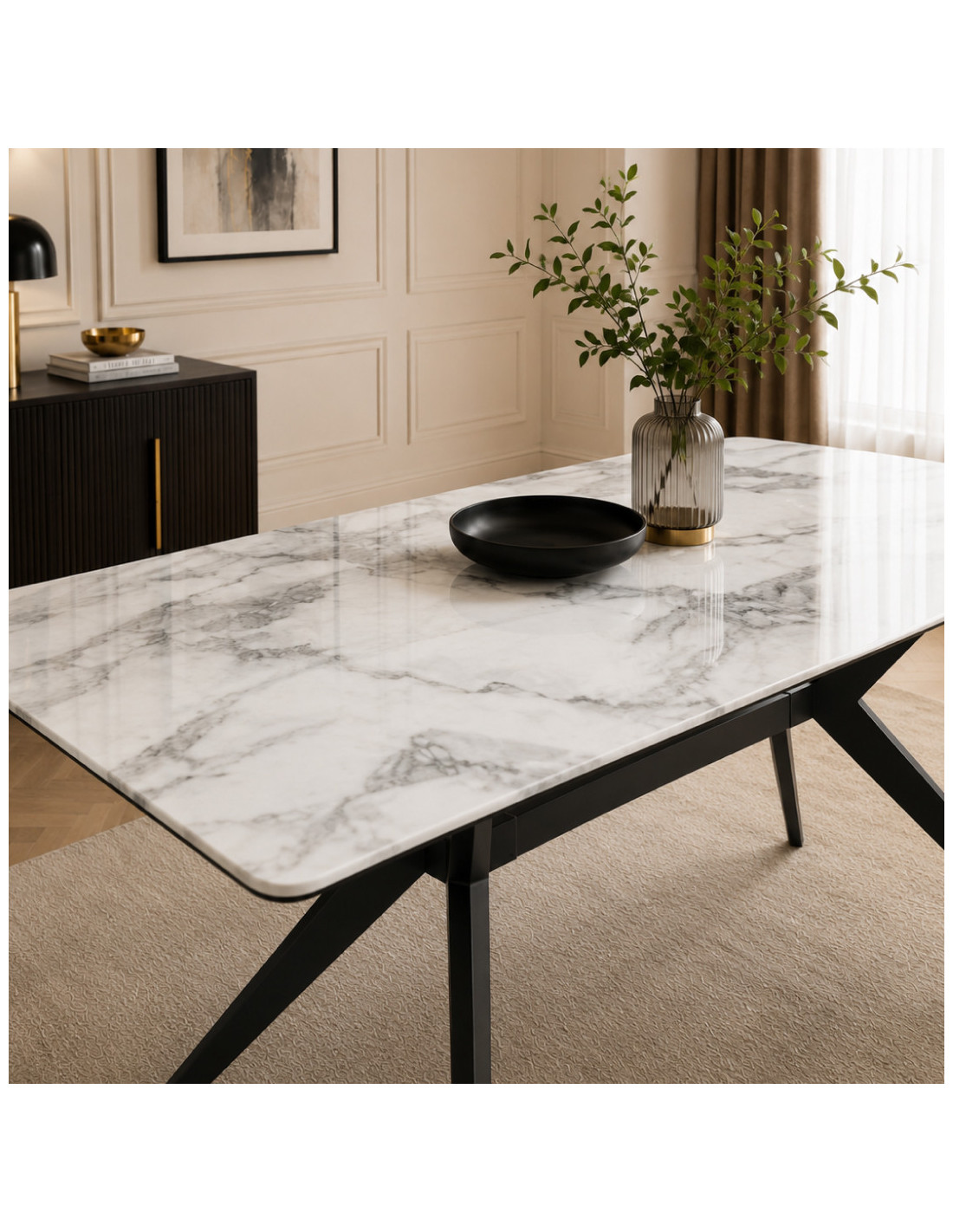 MESA DE COMEDOR KIKE DE PORCELANATO BLANCO CON METAL NEGRO