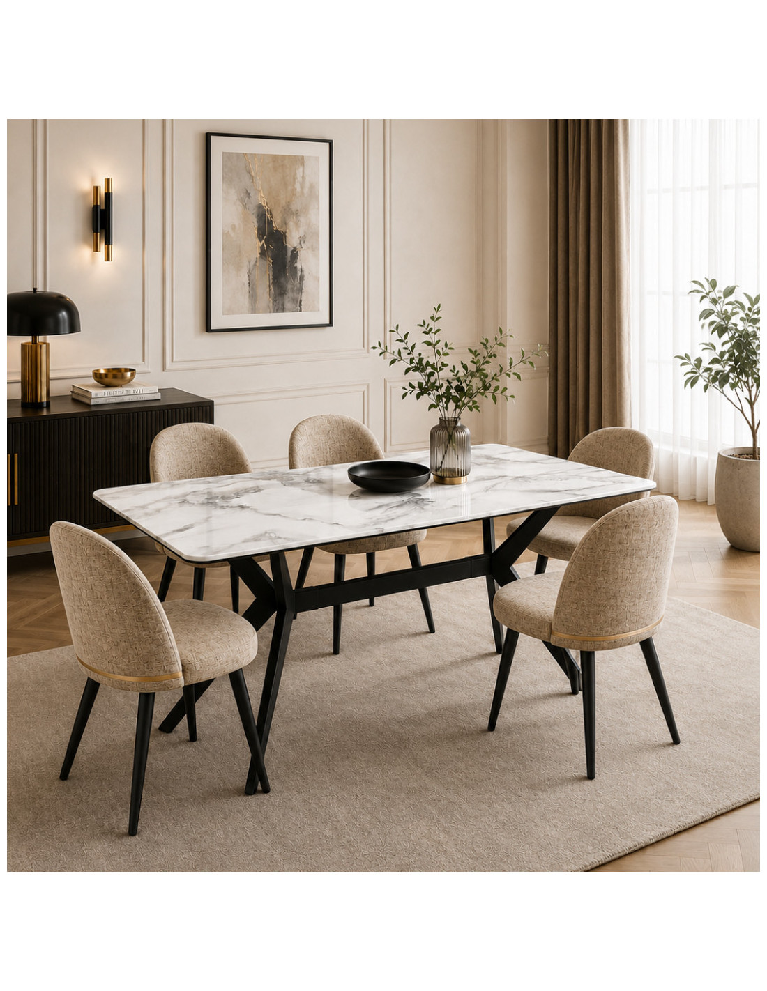 MESA DE COMEDOR KIKE DE PORCELANATO BLANCO CON METAL NEGRO