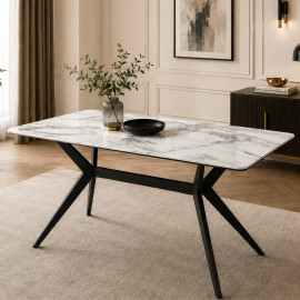MESA DE COMEDOR KIKE DE PORCELANATO BLANCO CON METAL NEGRO