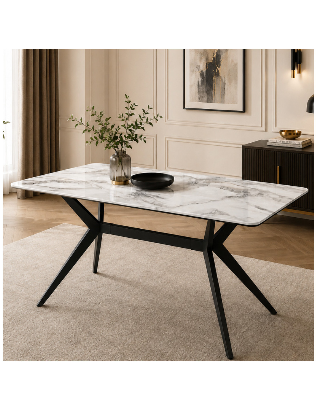 MESA DE COMEDOR KIKE DE PORCELANATO BLANCO CON METAL NEGRO