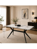 MESA DE COMEDOR KIKE DE PORCELANATO BLANCO CON METAL NEGRO