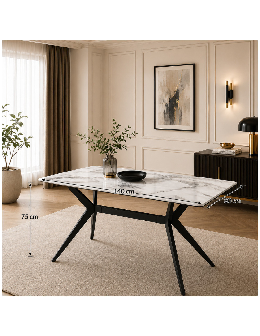 MESA DE COMEDOR KIKE DE PORCELANATO BLANCO CON METAL NEGRO