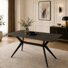 MESA DE COMEDOR KIKE DE PORCELANATO NEGRO CON METAL NEGRO