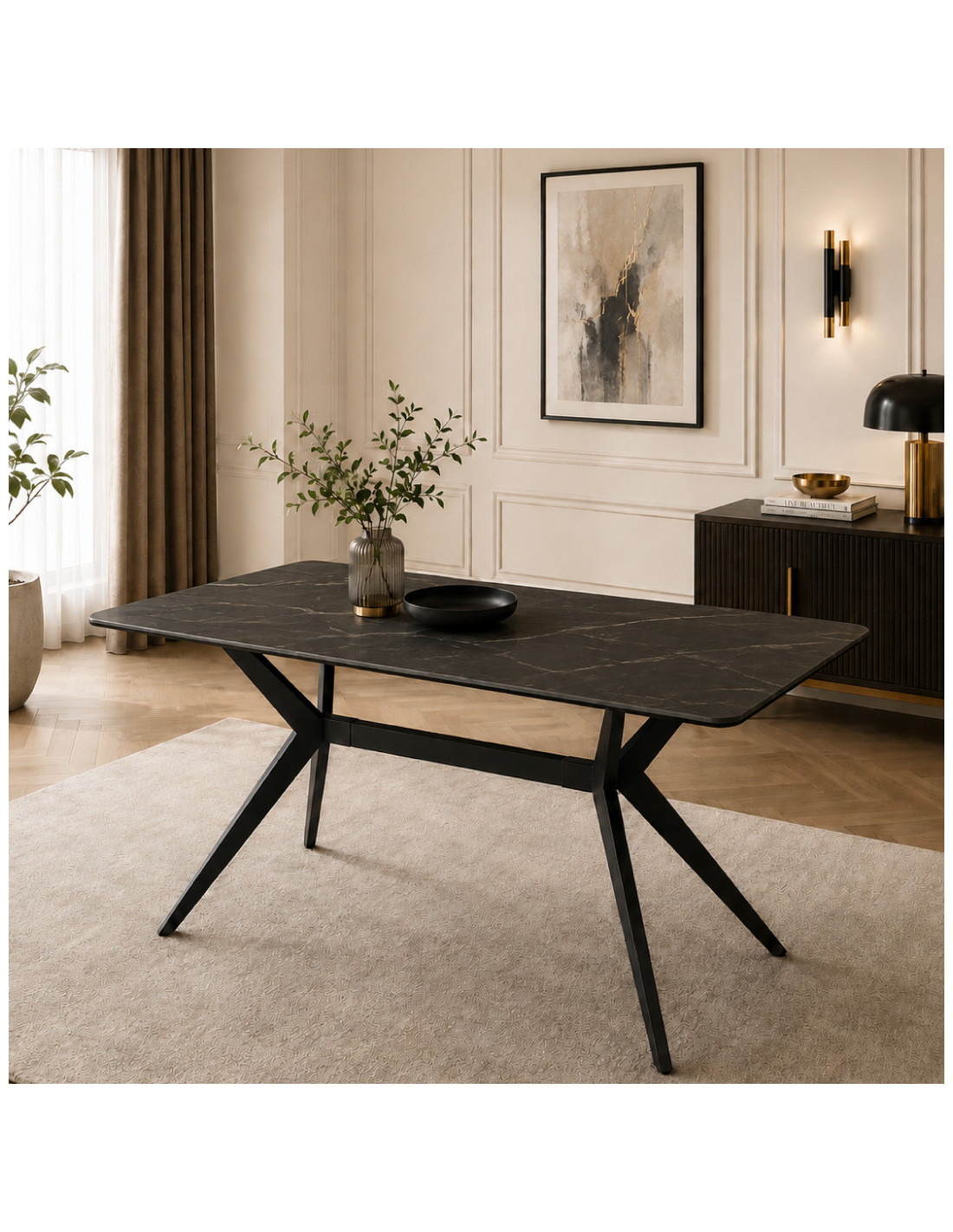 MESA DE COMEDOR KIKE DE PORCELANATO NEGRO CON METAL NEGRO