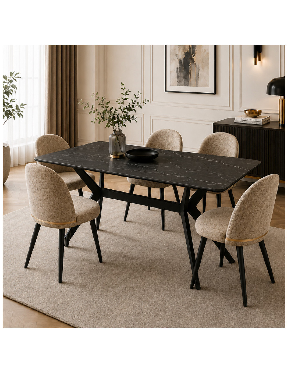 MESA DE COMEDOR KIKE DE PORCELANATO NEGRO CON METAL NEGRO