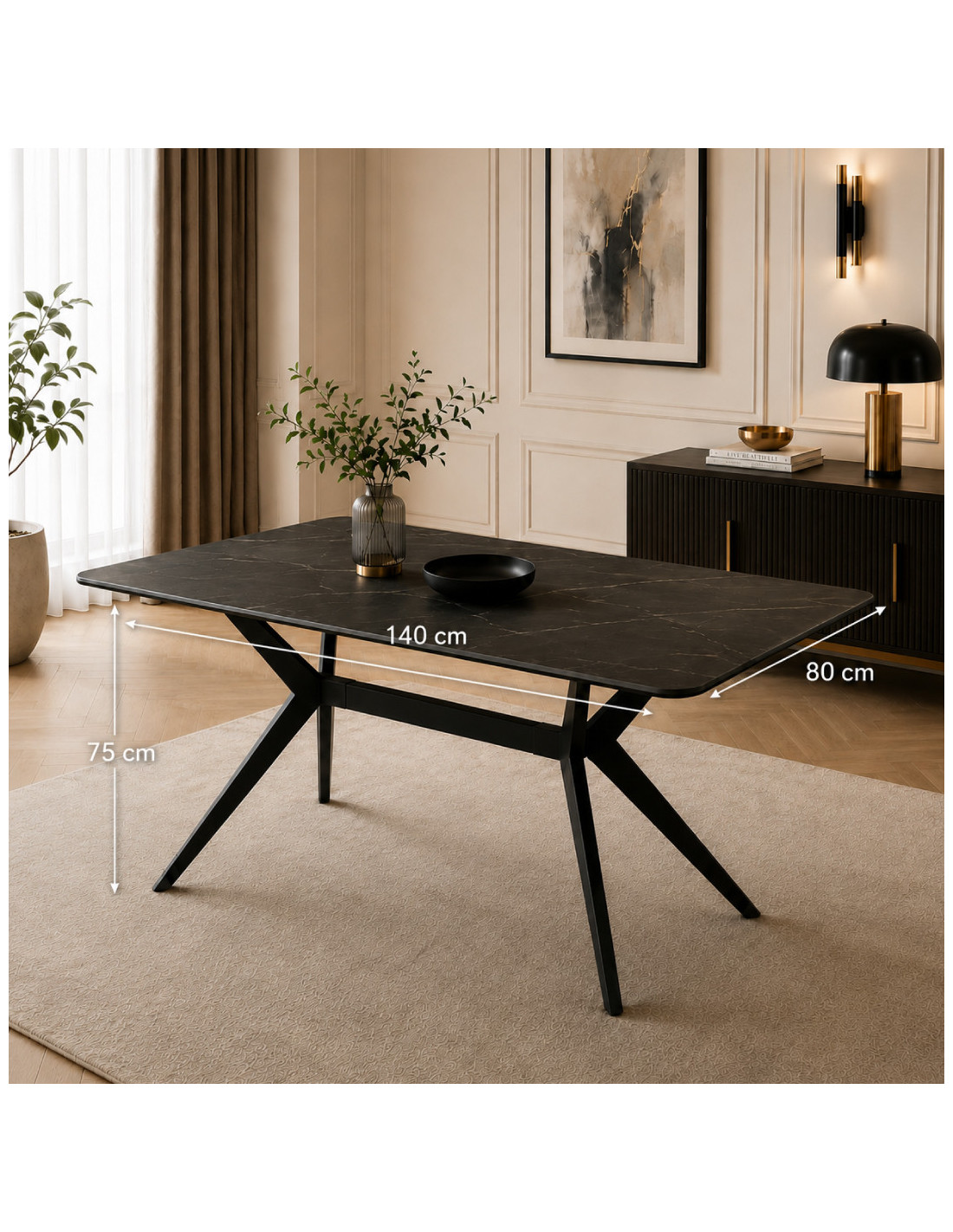 MESA DE COMEDOR KIKE DE PORCELANATO NEGRO CON METAL NEGRO