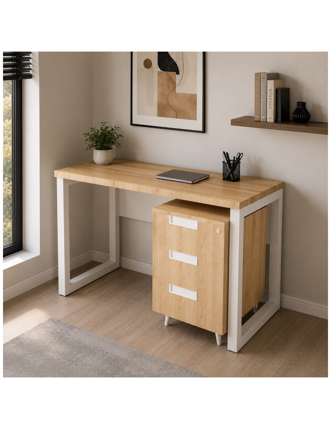 ESCRITORIO BRUNO PRO 120CM CAJONERA MADERA ESTRUCTURA BLANCA